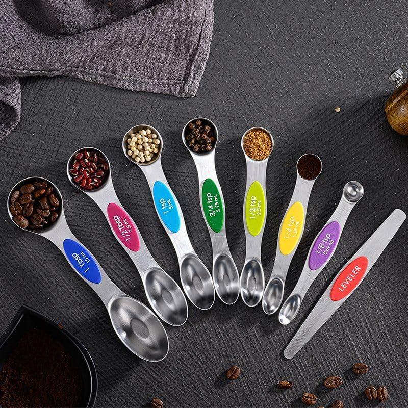 Magnetic Measuring Spoons Set of 8 with Leveler, Stainless Steel Stackable Measuring Cup for Measuring Dry and Liquid Ingredients Baking & Cooking (Multicolor)