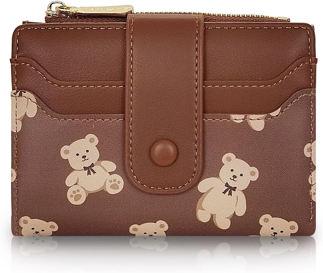 Cute Wallet for Women, Bear Print Zip Bifold Wallet with Front Card Slot, ID Window, Cash Slot, Short Women Wallet Elegant Youthful and Cute (Brown)