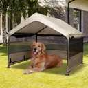 Summertrail Extra Large Dog House Outside, Dog Tent Outdoor, Big Dog Shade Shelter Doghouse Canopy with Three-Sided Mesh Windows, Sun Rain Cover for Pet Cat Livestock 4'x 4'x 3.3' Khaki