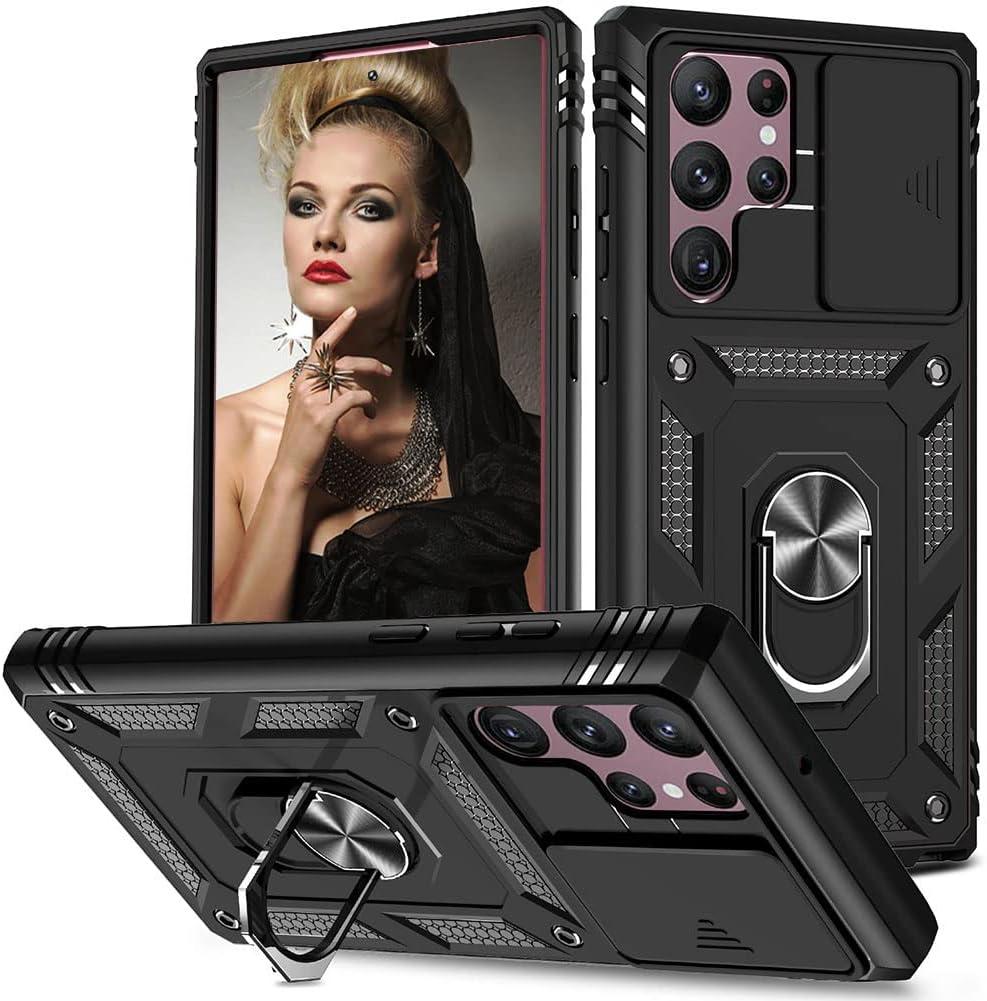 for Samsung Galaxy S22 Ultra Case with Slide Camera Cover&Card Slot& Ring Kickstand Shockproof Military Grade Heavy Duty Case Support Car Magnetic Holder for Galaxy S22 Ultra 6.8"-Black