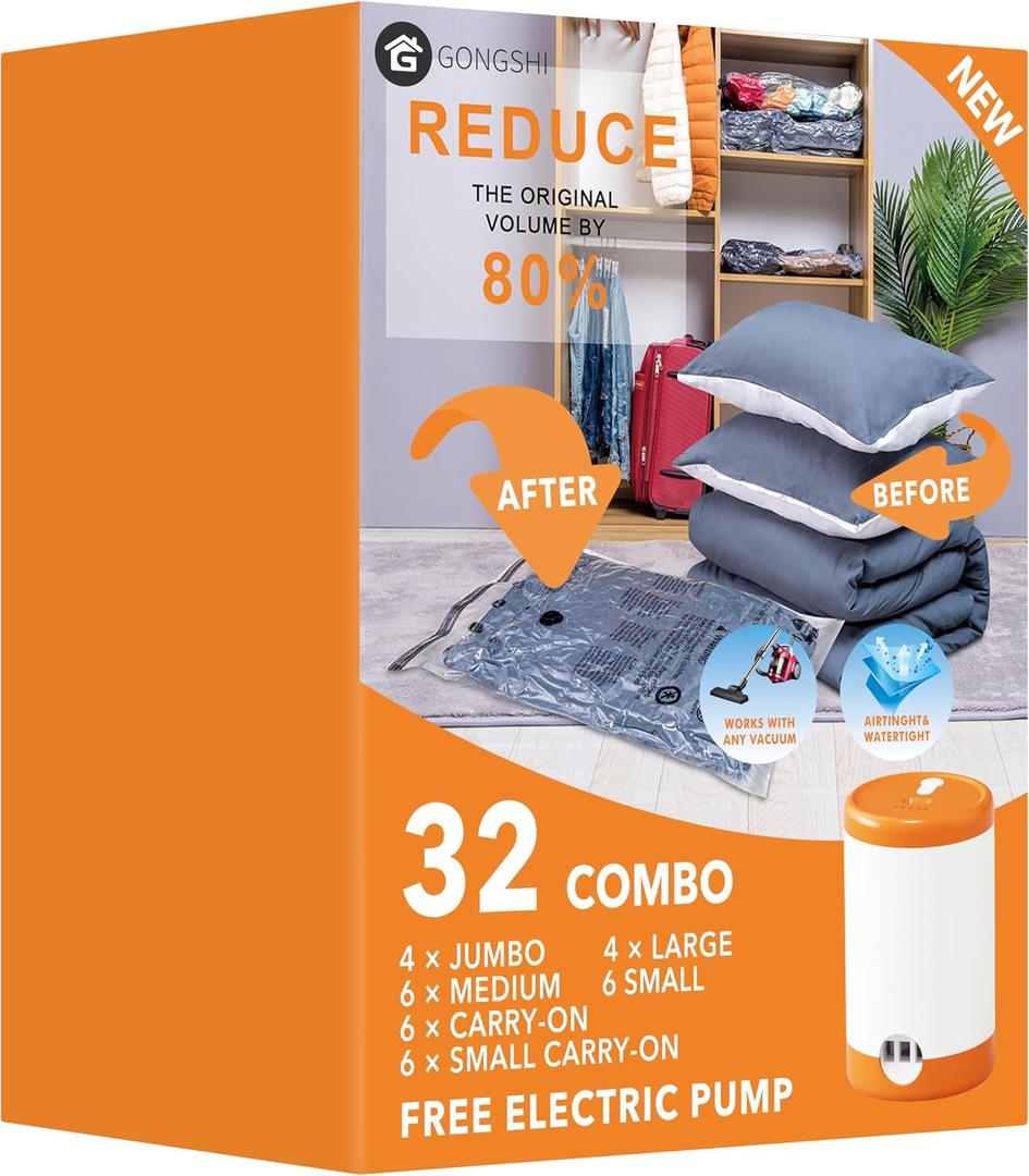 GONGSHI Vacuum Seal Bags for Clothing Travel & Home Storage, Travel Vacuum Bags with Electric Pump,Space Saver for Blankets, Comforters, Pillows, Clothes,32 Combo
