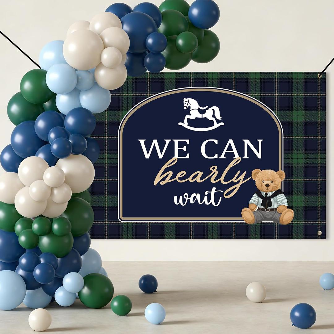 We Can Bearly Wait Baby Shower Decorations, 80PCS Teddy Bear Balloon Arch Kit with Green Plaid Bear Backdrop for Birthday, Baby Shower, Gender Reveal