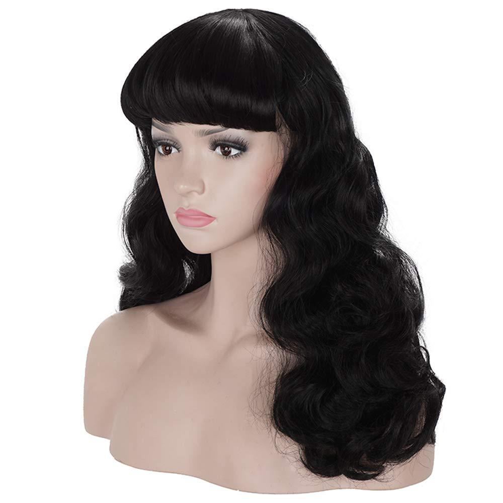 morvally 50s Vintage Medium Length Black Wigs with Bangs | Natural Wavy Synthetic Hair Wig for Women Cosplay Halloween (2 Piece Set)