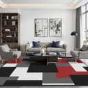 Tyrot Modern Geometric 8x10 Area Rugs for Living Room Ultra Thin Linen-Look Abstract Indoor Rug Non Slip & Non-Shedding Washable Red Grey White Rug for Bedroom, Dining Room Home Office