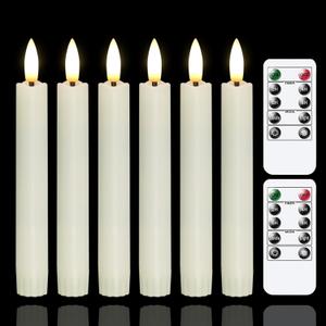 Battery Operated Flameless Taper Candles with Two Remote Timer, 6.4" LED 3D-Wick Window Candles, Flickering Long-Lasting Warm Light Electric Pack of 6 Flameless Candlesticks (0.78" Dia,Ivory)