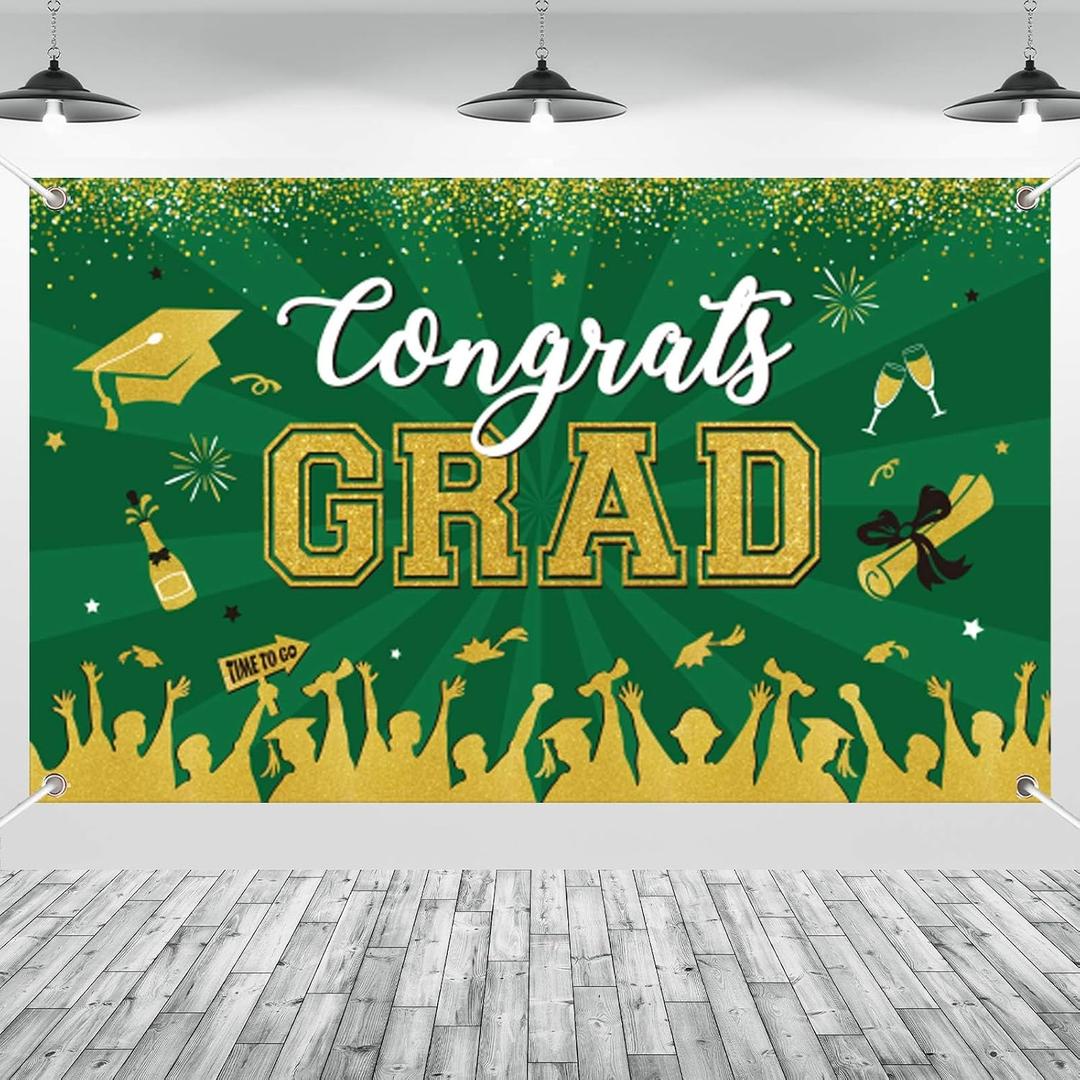 3 x Green Gold Graduation Banner Backdrop Class of 2026 Graduation Party Decorations Supplies Congrats Grad Fabric Backdrop Background for High School College University Indoor Outdoor 71 x 43 in