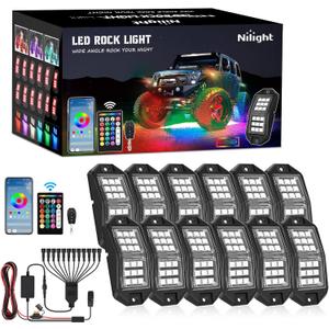 Nilight RGB LED Rock Lights Kit 12 PCS 18LED Wide Angle Wheel Well Light with Remote & Bluetooth App Dual Control Multi Modes Underglow Multicolor Neon Pod for ATV UTV SUV Offroad Truck RZR Boat