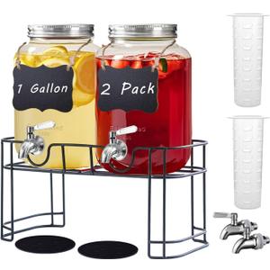 Einfache 1 Gallon Drink Dispenser with Stand,2 Pack Beverage Dispenser with Stand & Stainless Steel Spigot,Glass Water Lemonade Dispensers for Juice,Parties