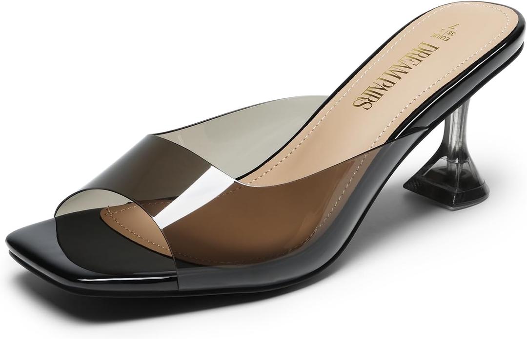 DREAM PAIRS Women's Clear Heeled Sandals Square Toe Transparent Stiletto Mules Slip on Wedding Dress Shoes (8, All Black-clear)