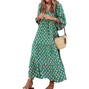 Women Loose Dress Geometric Printed Bubble Sleeve Dress Long Skirt (XXL, Floral)