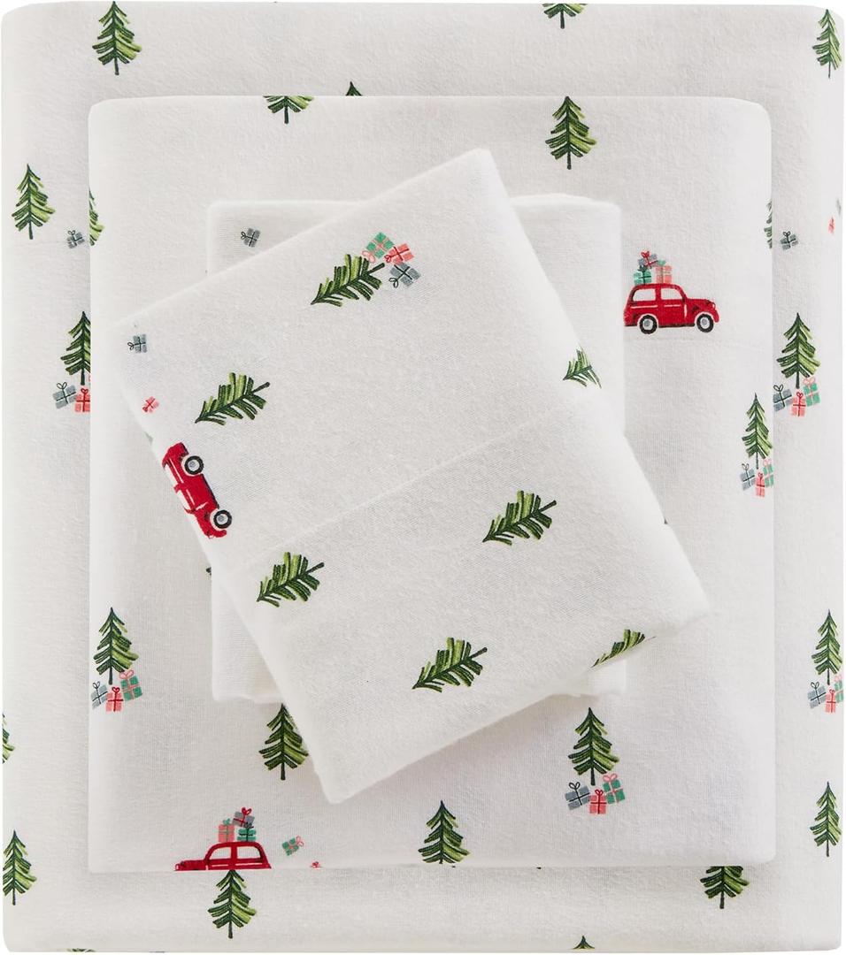Woolrich Cotton Sheet Set Cottage Charms Print, 100% Cotton Flannel Sheets Warm & Fuzzy Bedding Set Queen Size Sheets, Fitted Pocket Fits Up to 14" Mattress, Queen Green Tree Trip 4 Piece (Queen, Tree Trip)