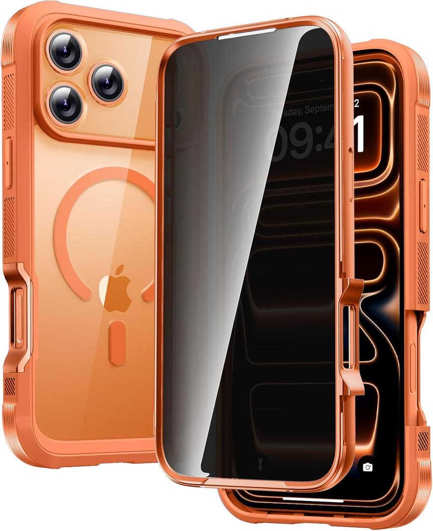 Diaclara Magnetic Designed for iPhone 17 Pro Max Case Full Body Bumper,[Compatible with MagSafe] Military Drop Proof Cover with Built-in Privacy Screen Protector,Orange