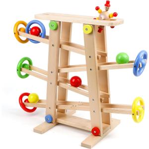 Wooden Wooden Race Track Toddler Toys for 1-3, Wood Car Ramp Racer Toy Vehicle Set with 4 Balls & 5 Race Tracks, Great Educational Montessori Toys for Kids Boys Girls