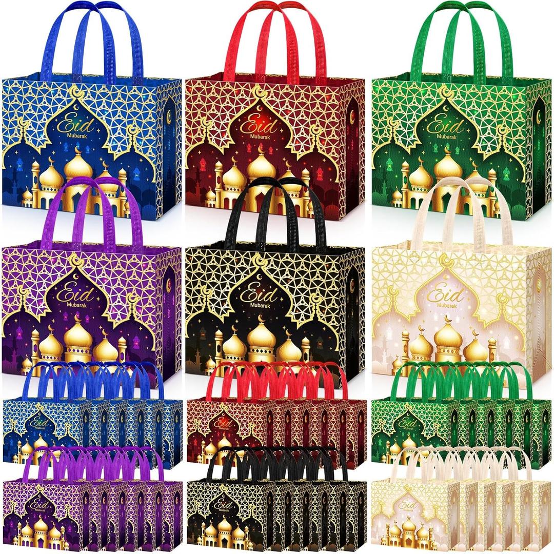 Yoojahow 36 Pcs Eid Mubarak Gift Bags with Handles 12.6 x 9.8 x 6.7 Inch Large Reusable Ramadan Tote Bags Eid Mubarak Non-Woven Treat Goodie for Gifts Wrapping Shopping Ramadan Party Supplies