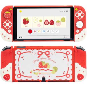 GeekShare Protective Case for Switch OLED Slim Cover Case Compatible with Switch OLED Separable Soft Silicone Protective Shell for Joy Con with 2 Thumb Grip Caps - Strawberries with Cream