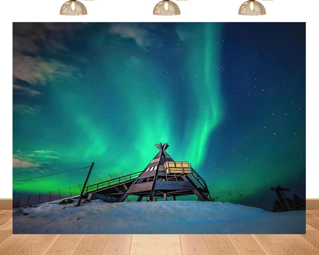 7x5ft Fabric Aurora Backdrop Beautiful Northern Lights Starry Sky Wooden Observation Deck for Birthday Party Backdrop Photography Studio Props