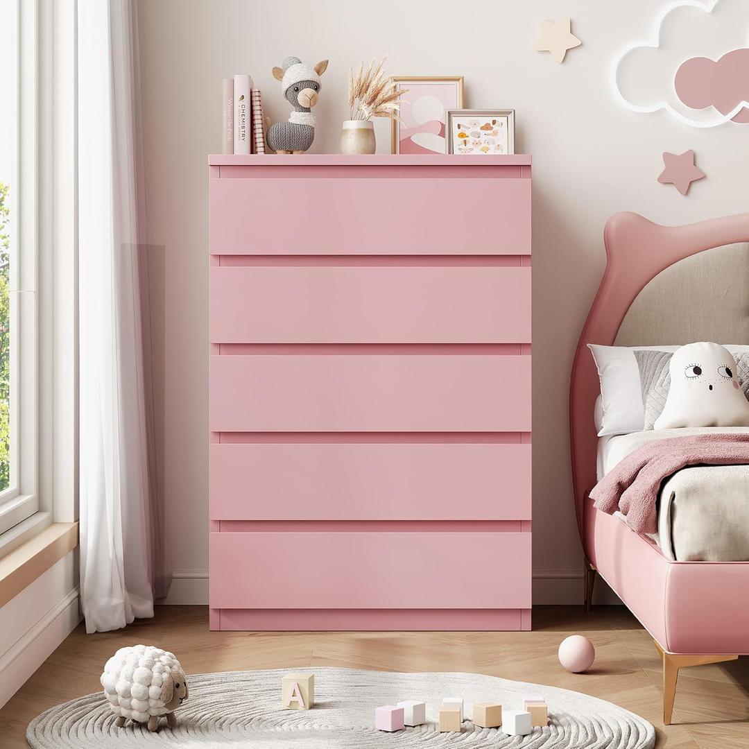 Jocoevol Pink 5 Drawer Dresser for Bedroom, 15" D x 23.7" W x 40.4" H in Simply Chest of Drawers, Wood Storage Dresser with Drawers for Living Room Hallway Entryway, Pink