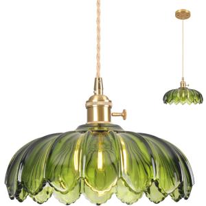 Pendant Lights Kitchen Island,Green Glass Vintage Light Fixtures,9.8inch E26 Adjustable Hanging Light Flower Finish Ceiling Hanging Lamp for Bedroom Living Room Hallway 1 Light (Hardwired 1 pack)