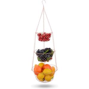IBERG 3 Tier Hanging Fruit Basket, Metal Hanging Baskets for Kitchen, Bathroom & Pantry Storage Organizer (Copper)