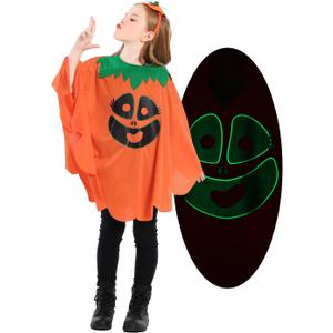 Seasons Pumpkin Cape for Kids, Halloween Costume With Headband and Pumpkin Bag for 4-9Y