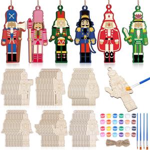 Cinnvoice 60 Pcs Wood Christmas Crafts for Adults DIY Paint Xmas Ornaments Blank Unfinished Wooden Cutouts Shapes Slices Hanging Embellishment for Christmas Tree Holiday Party Decor(Nutcracker)