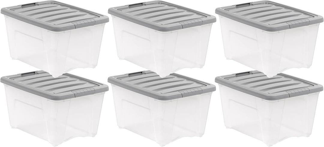 Amazon Basics Plastic Storage Containers with Secure Latching Lids, Stackable Organization Bins, Clear/Grey, 32 Quart, Set of 6