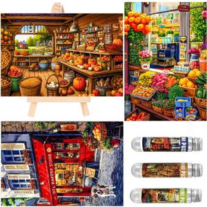 Small Jigsaw Puzzles for Adults 150 Pieces Vintage streetscape Oil Painting Mini Puzzles Challenging 6 x 4 Inches,3 Pcs,Mini Easel Included