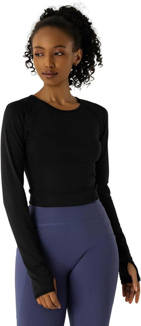 Women's Long-Sleeve Crop Top - Open Back Tie, Thumbholes Moisture-Wicking Quick-Dry for Yoga, Fitness & Workout (M)