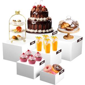 6PCS Buffet Risers, Food Risers for Buffet Table, Display Stand Shelf for Party Catering Dessert Collectibles, White Acrylic Nesting Boxes for Food Display (Size 10" 9" 8" 7" 6" 5")