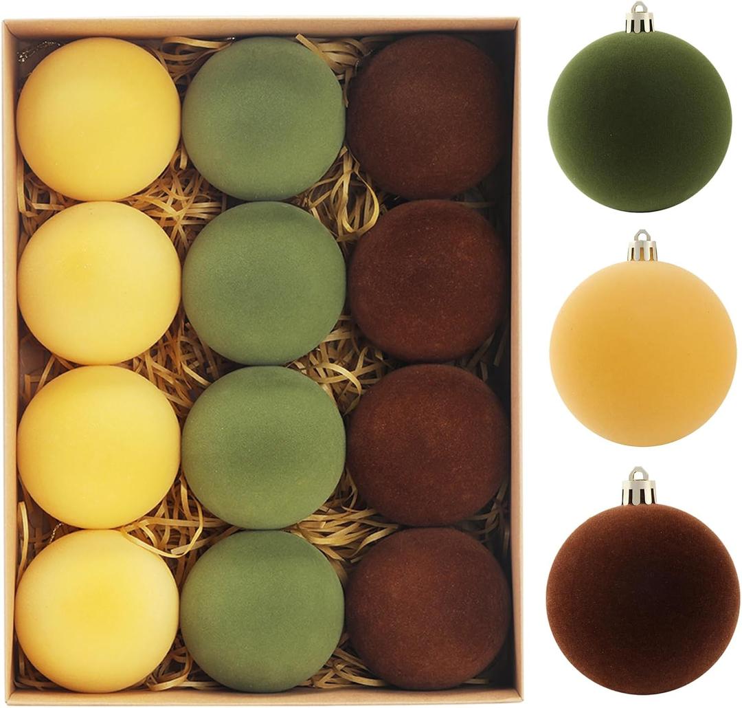 Christmas Ornaments Set of 12, 3.15" Flocked Velvet Balls with Hand Painted Designs, Elegant Christmas Tree Decorations in Gift Box (Brown&green)