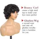 Short Curly Human Hair Wigs for Black Women Glueless Bouncy Curly Bob Wig With Bangs Big Curl Natural Looking Human Hair Wig for African American Women 8 Inch