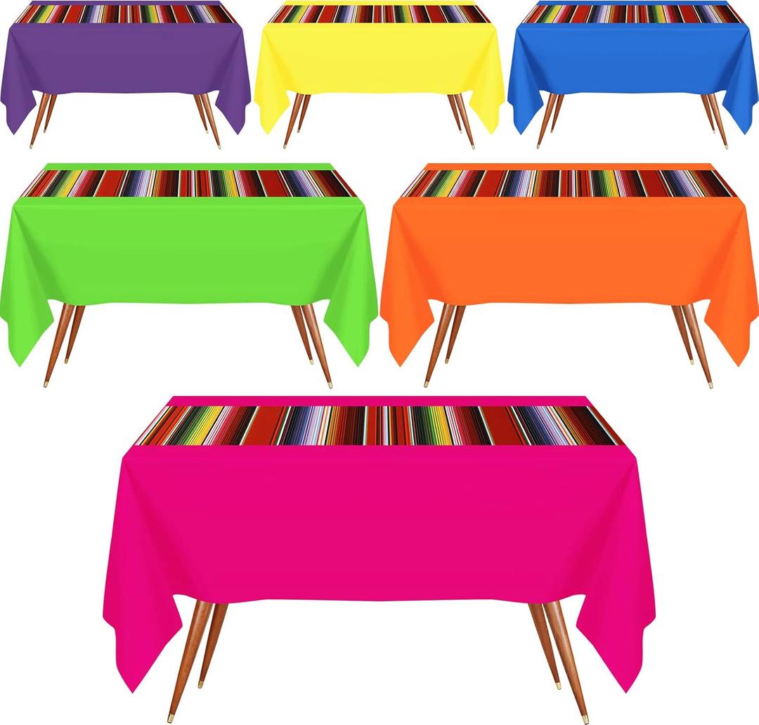 Hosuly 6 Pcs Mexican Fiesta Tablecloth 54 x 108'' Party Plastic Tablecloth Striped Table Cover for Mexican Fiesta Party Decorations (Pure with Stripe Style)