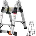 12.5 FT Telescoping A Frame Ladder,Aluminum Extension Ladder,Heavy Duty 330 lbs Max Capacity with Stabilizer Bar&Wheels,Multi-Purpose Portable Collapsible Ladder for Home,Work Silver CE ANSI