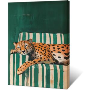 Maximalist Cheetah Wall Art Vintage Emerald Green Decor Poster Funny Sleepy Leopard Canvas Print Trendy Animal Pictures Aesthetics College Dorm Living Room Apartment 16x24 Inch Framed