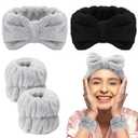 Chuangdi 4 Pcs Microfiber Headband Spa Wristbands and Wrist Bands for Washing Face Cuffs Towel Wristbands Hair Headband Face Wash Cuffs for Women Makeup(Grey, Black)