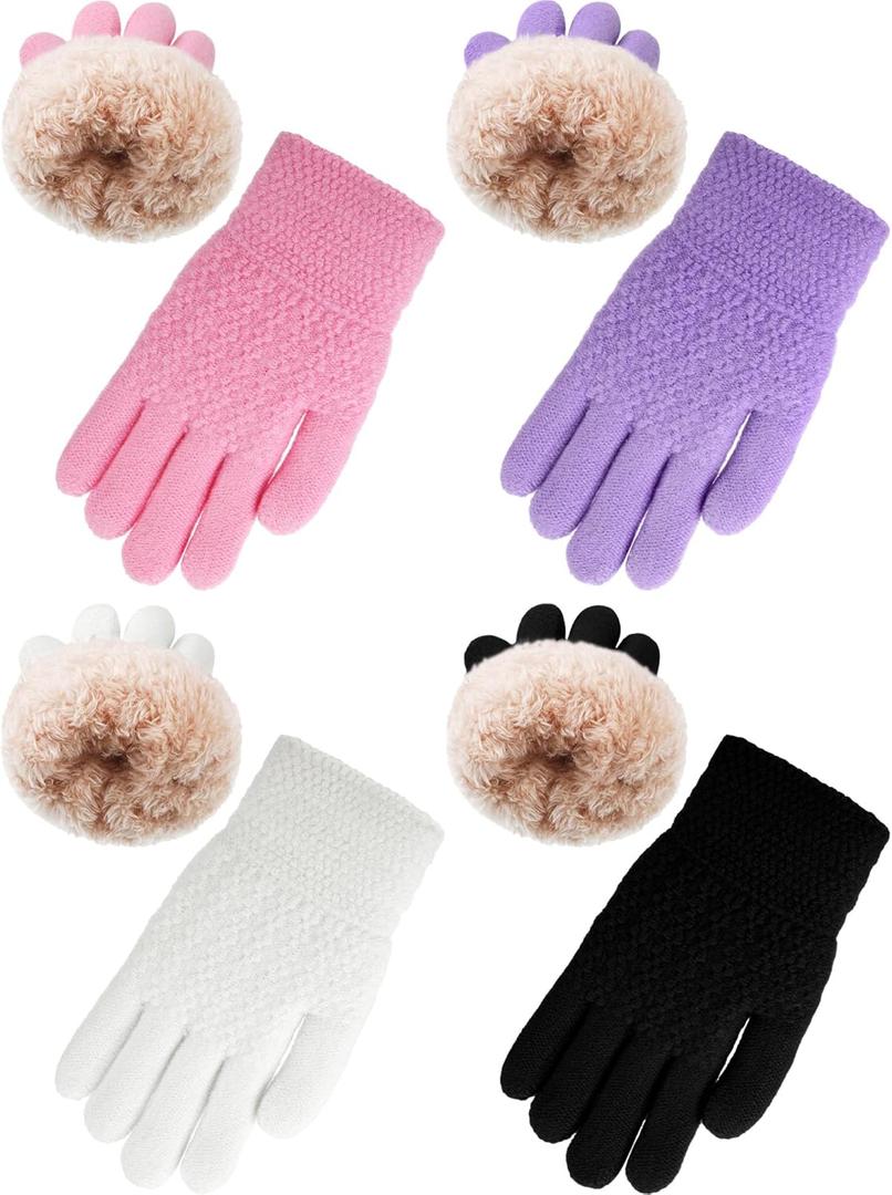 Chuarry 4 Pairs Kids Fleece Lined Gloves Winter Warm Knit Gloves for Girls Boys Cold Weather Supplies, 6-10 Years