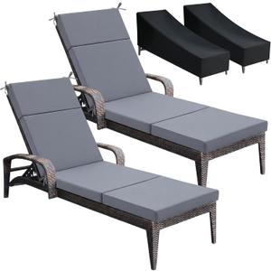 Patelai 2 Set Outdoor Chaise Lounge Cushions with Chair Covers, 70 x 21 x 3 Inch Waterproof Sun and Fade Resistant Thick Replacement Lounge Chair Cushions for Patio Poolside (Gray)