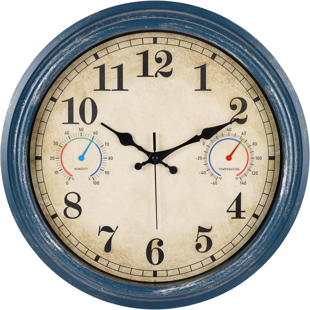 Large Outdoor Clock with Thermometer & Hygrometer Combo, 16 Inch Vintage Blue Coastal Decor Waterproof Indoor Outdoor Wall Clocks for Patio, Pool, Garden, Backyard