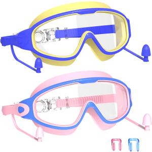 Swim Goggles for Kids 3-15 with Earplugs Large Frame Anti-Fog/UV Swimming Goggles for Boys Girls Toddler 2PCS (Pink Blue &Blue Yellow)