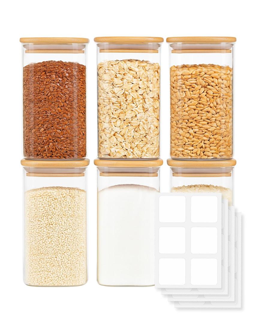GIRAFFYCO Square Borosilicate Glass Storage Jars, 6 Pack, 25 oz/750 ml
