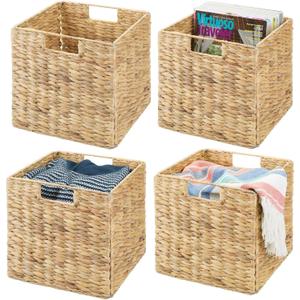 mDesign Natural Woven Hyacinth Cube Organizer Basket with Handles, Storage for Bathroom, Laundry Room Shelf or Nursery - Perfect for Cubby Storage Units - Hold Blankets and Books - 4 Pack, Natural/Tan
