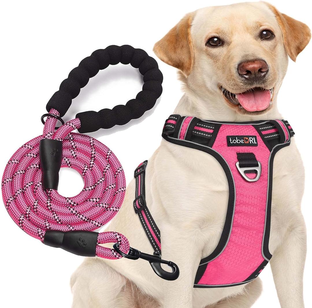 No Pull Dog Harness Adjustable Reflective Oxford Easy Control Medium Large Dog Harness with A Free Heavy Duty 5ft Dog Leash (Large,Pink)