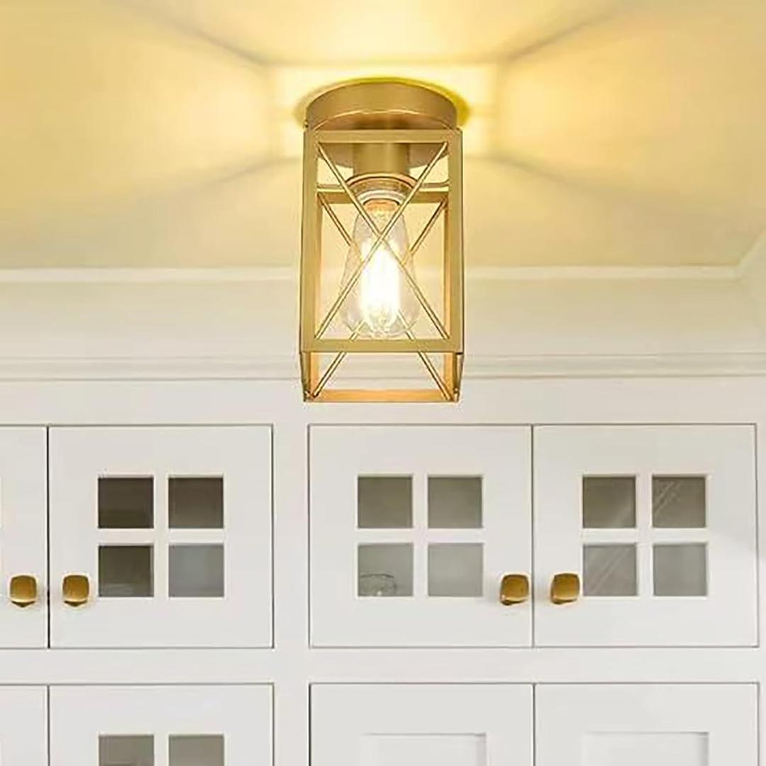 Semi Flush Mount Ceiling Light,Metal Cage Farmhouse Light Fixture Hardwired for Entryway, Hallway, Kitchen Over Sink, Bathroom,Laundry Room,Modern Industrial Vintage Style,Single E26 BulbGold,1PK
