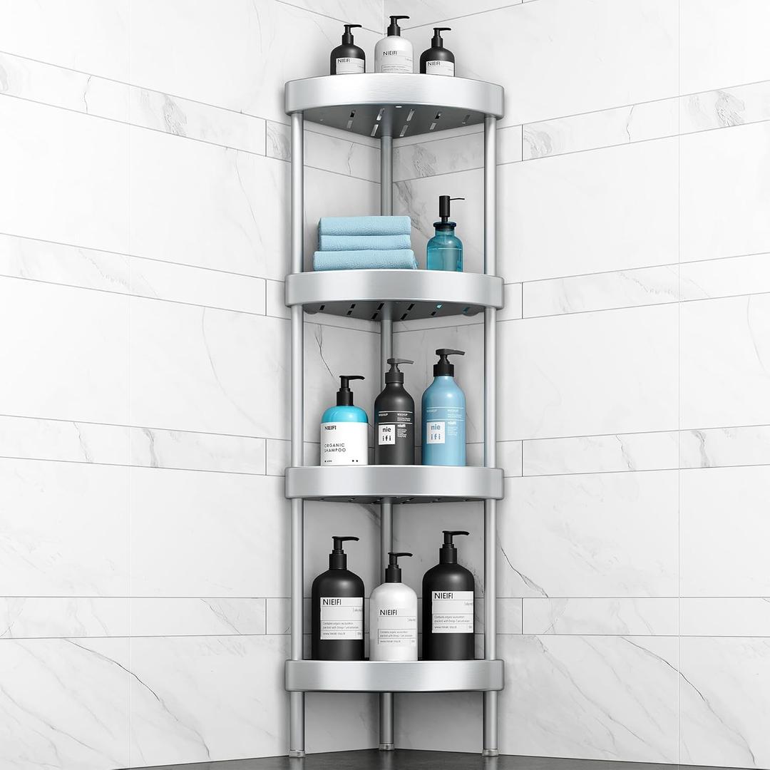 Nieifi Corner Shower Caddy Stand-4 Tier Rustproof Anodized Aluminum Standing Shower Organizer-Shower Caddy Corner-Dual Stability to Anti-Shaking-Height-Adjustable Legs for Uneven Surfaces-Silver