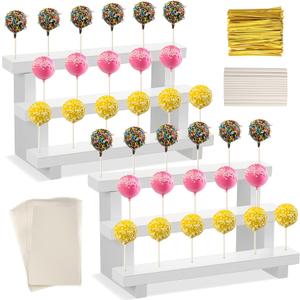 Tuanse 2 Pack Wooden Cake Pop Stand 3 Tier Cake Pop & Lollipop Display Holder with 100 Treat Bags Lollipop Sticks and Gold Twist Ties for Dessert Table Wedding Baby Shower Birthday Party(Acacia Wood)