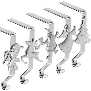 Christmas Stocking Holders for Mantle Set of 5, Reusable Christmas Stocking Hooks, No-Damage Xmas Hanger for Fireplace Mantle Grip Stand Christmas Decoration Ornaments Hanging Shelf Floor (Silver)