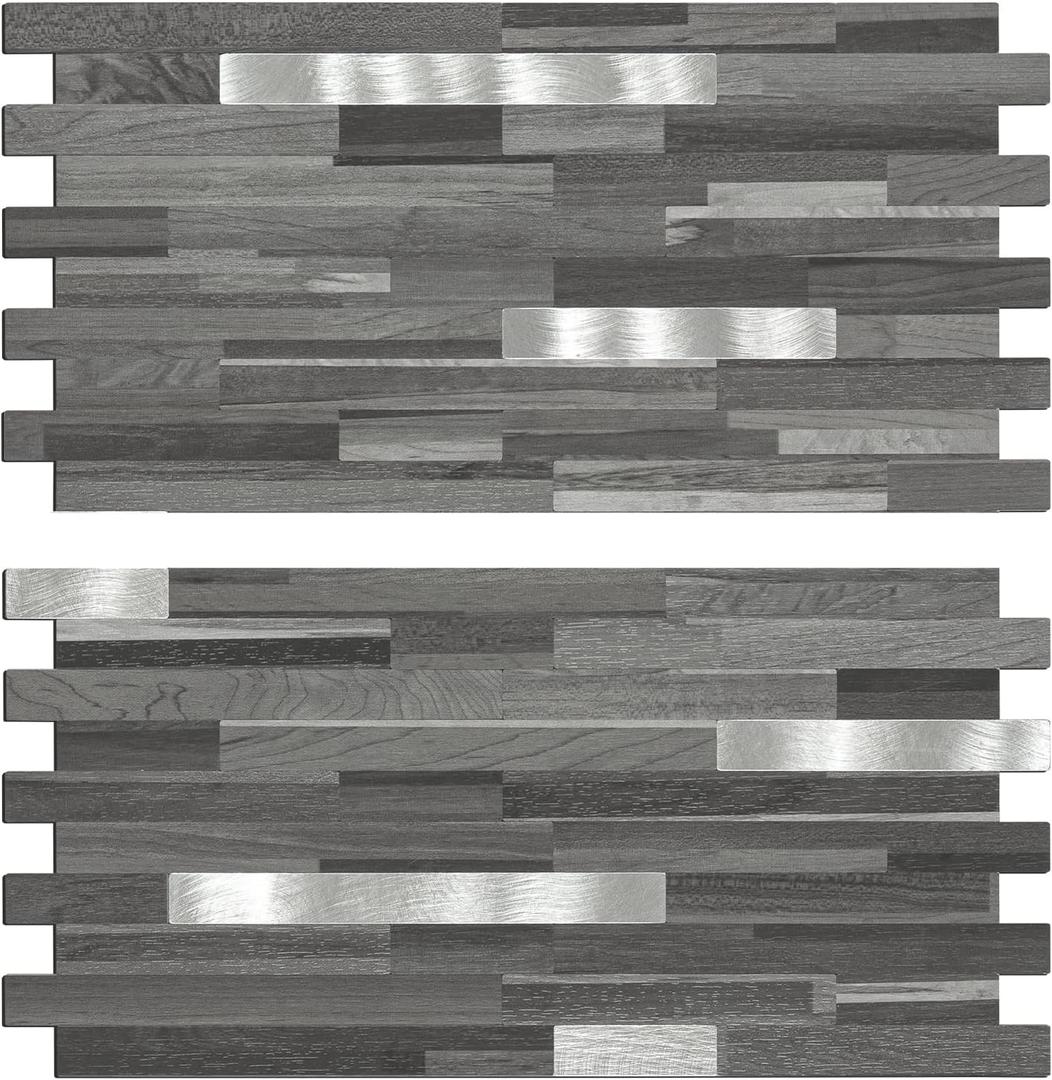 Midcard 20 Sheets Peel and Stick Backsplash, Black Grey Wood Look PVC Mixed Metal Stick on Backsplash Tiles for Kitchen