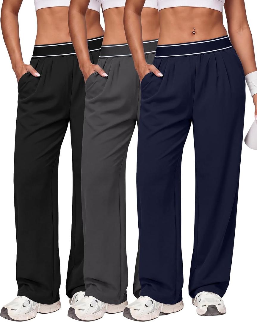 Coume 3 Pack Women Lightweight Straight Leg Pants Quick Dry Baggy Track Pants Elastic Waist Yoga Workout Trousers with Pocket (M)