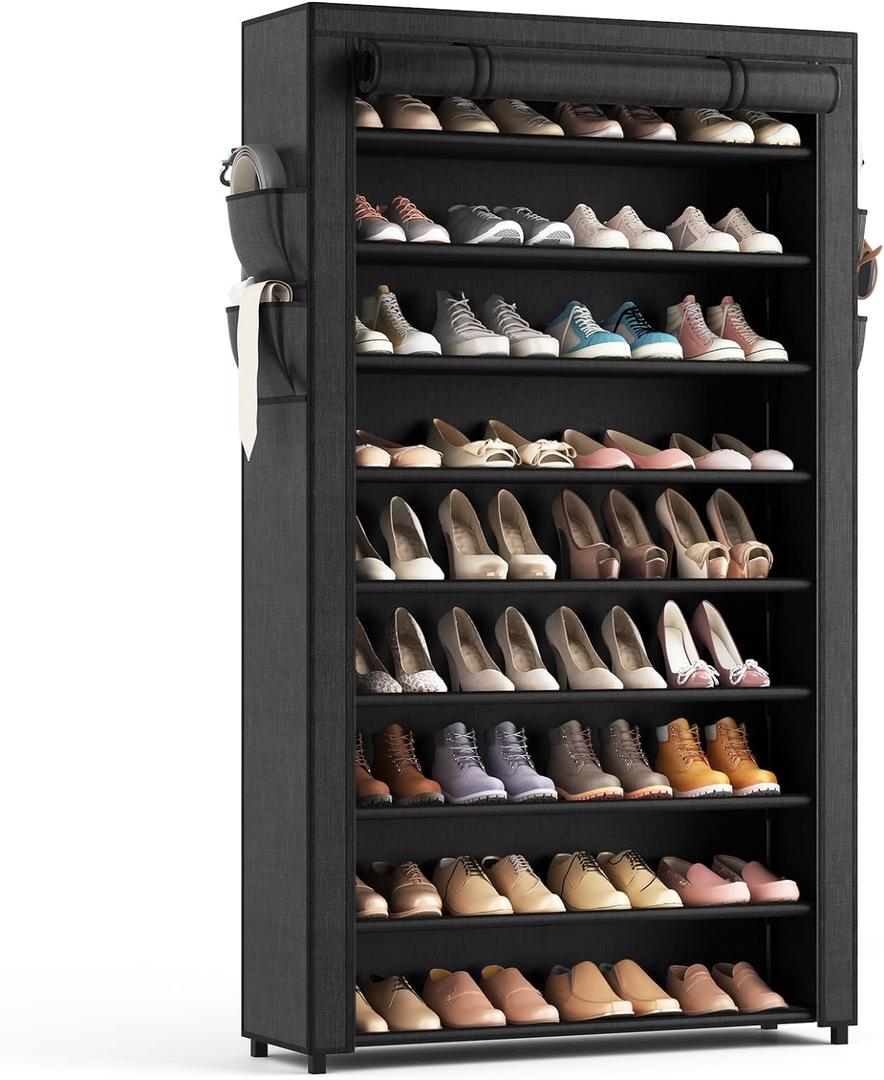 Shoe Rack with Covers - 10 Tiers Tall Shoe Rack Organizer Large Capacity Shoe Shelf Storage 40 Pairs Space Saving Vertical Shoe Storage Organizer for Closet, Entryway, Dorm, Bedroom (Black)