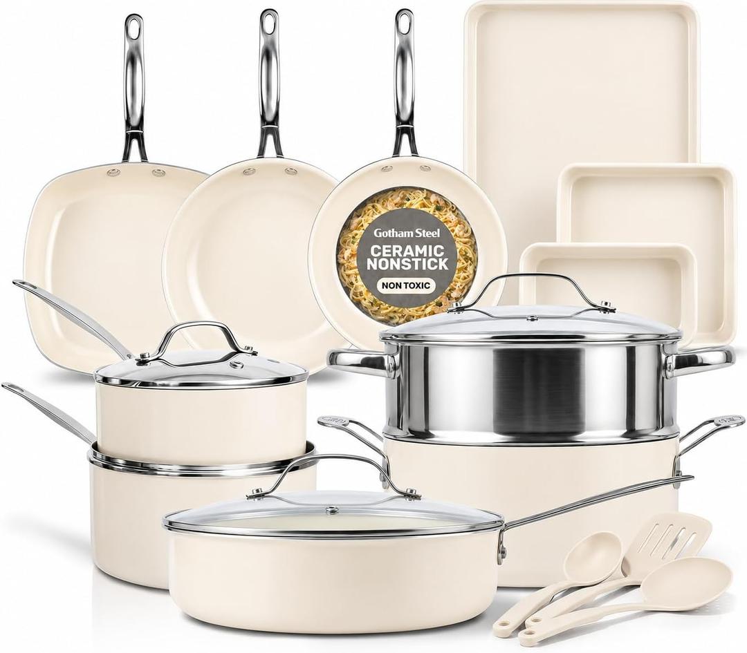 GOTHAM STEEL 20 Pc Ceramic Cookware Set Nonstick, Ceramic Pots and Pans Set Non Stick for Kitchen with Bakeware, Cooking Utensils & Steamer, Non Toxic PFOA PFOS Free, Oven & Dishwasher Safe, 20 Piece Set